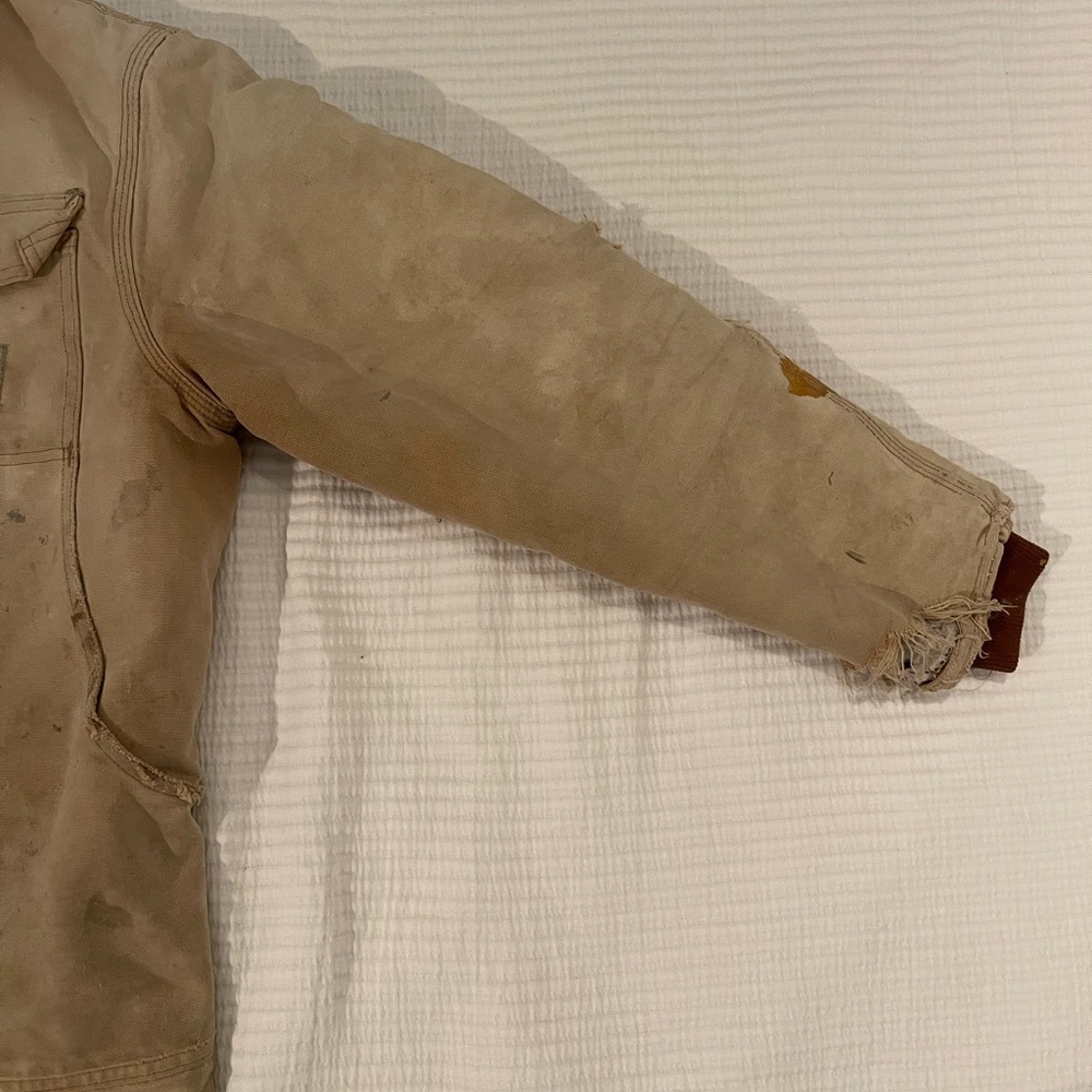 Vintage Carhartt Quilt Lined Tan Corduroy Collar Work Jacket Size Medium Stained - Picture 3 of 12